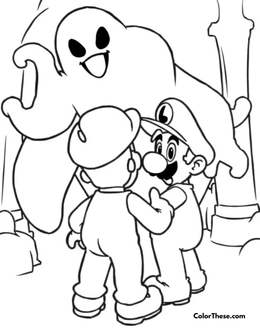 Free printable luigi facing king boo coloring page for kids and adults. Luigi from Mario facing King Boo in Luigi’s Mansion.