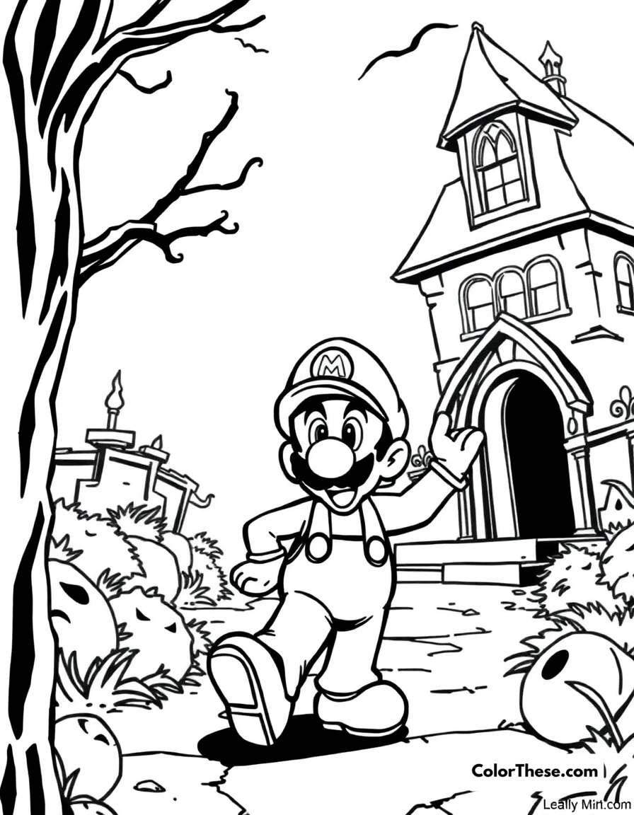 Free printable luigi in luigi’s mansion coloring page for kids and adults. Luigi from Mario exploring a spooky mansion.