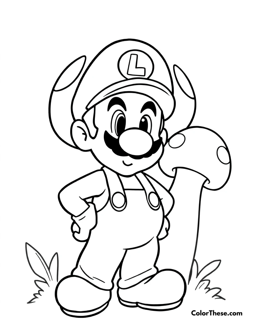 Free printable luigi with a mega mushroom coloring page for kids and adults. Luigi from Mario growing giant with a Mega Mushroom.