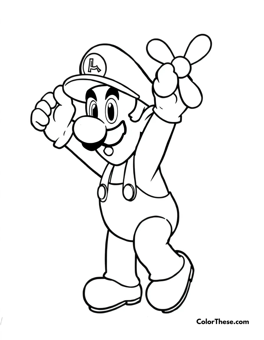 Free printable luigi with a propeller mushroom coloring page for kids and adults. Luigi from Mario using a Propeller Mushroom to fly.