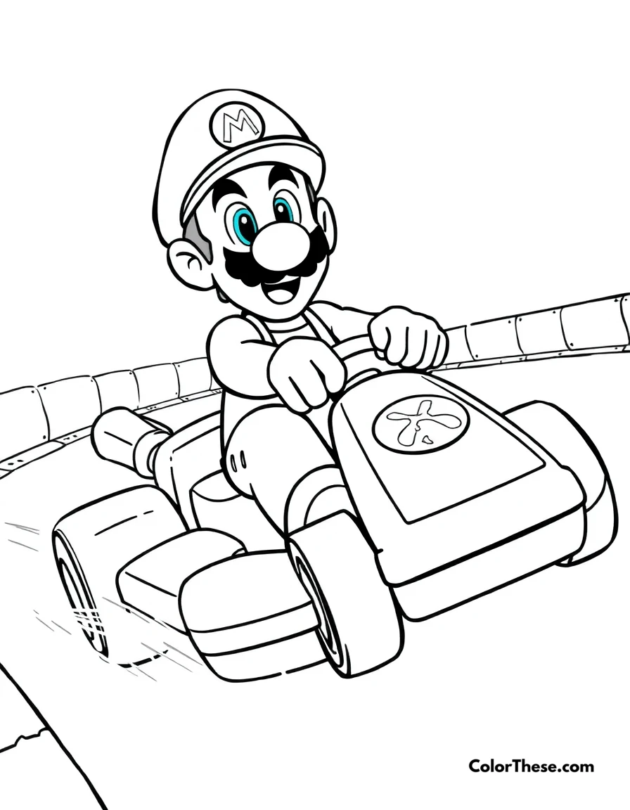 Free printable luigi racing in a kart coloring page for kids and adults. Luigi from Mario racing in a kart on a Mario Kart track.