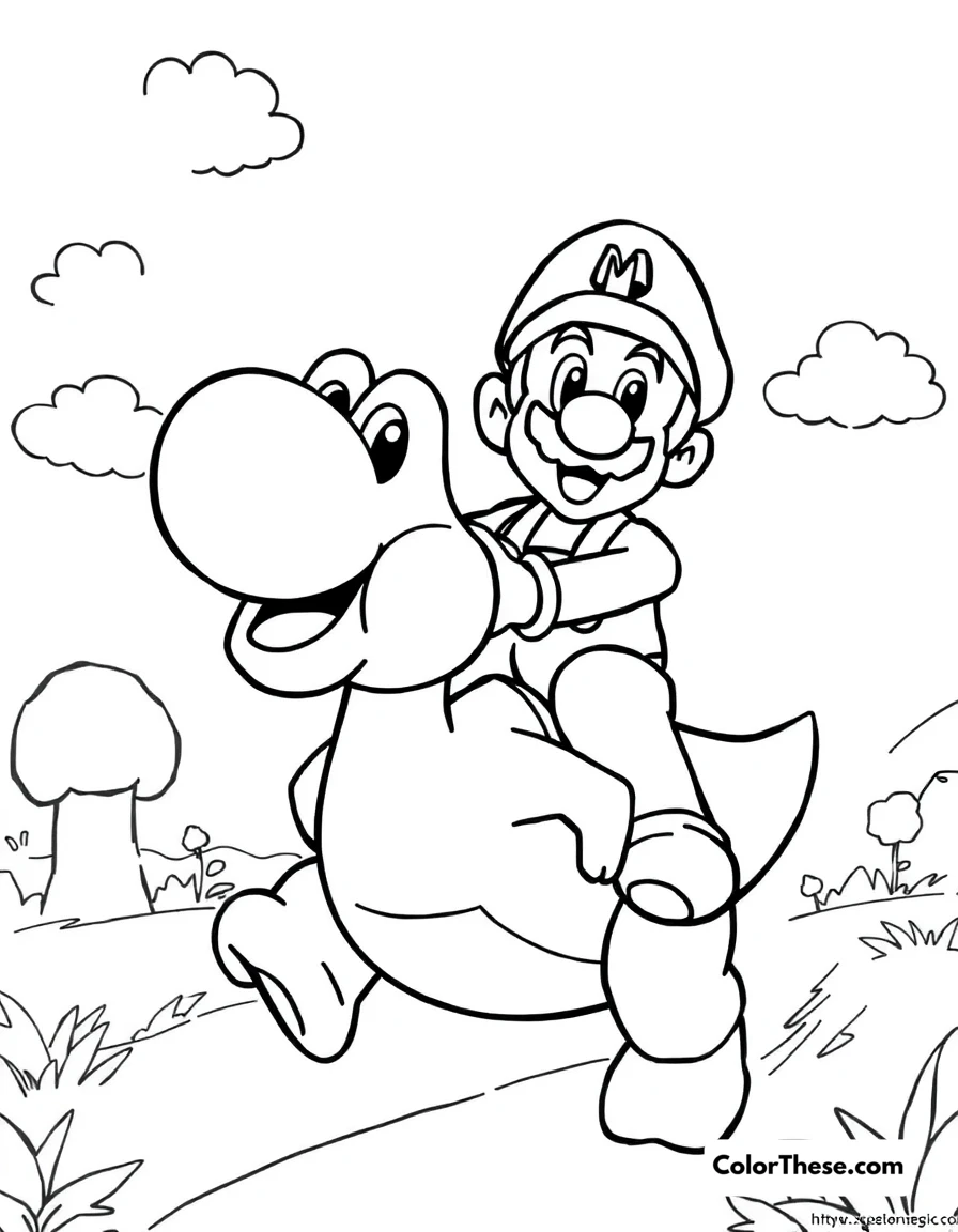 Free printable luigi riding yoshi coloring page for kids and adults. Luigi from Mario riding Yoshi through the Mushroom Kingdom.