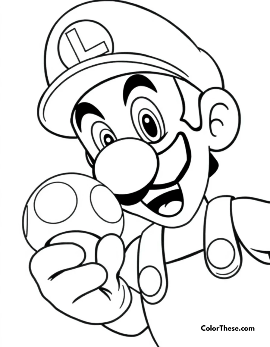 Free printable luigi with a super mushroom coloring page for kids and adults. Luigi from Mario holding a Super Mushroom power-up.