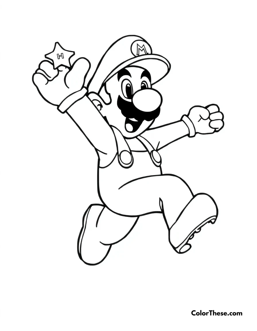 Free printable luigi jumping with a super star coloring page for kids and adults. Luigi from Mario jumping with a Super Star in hand.