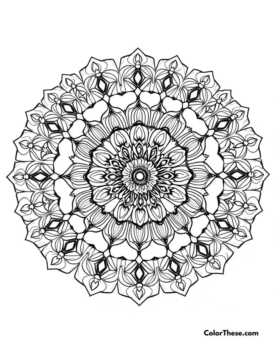 Free printable bee mandala with honeycomb patterns coloring page for kids and adults. A mandala featuring bee-inspired honeycomb patterns.