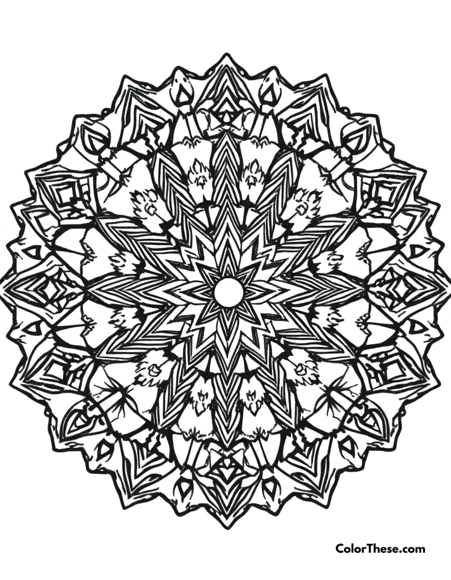Free printable celestial mandala with star patterns coloring page for kids and adults. A mandala featuring star and celestial-inspired patterns.