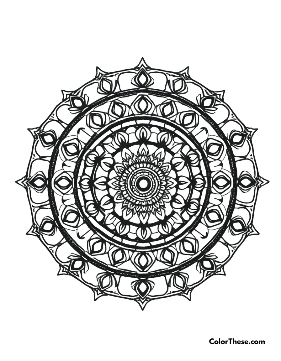 Free printable circular mandala with layered rings coloring page for kids and adults. A mandala featuring layered circular rings with intricate patterns.
