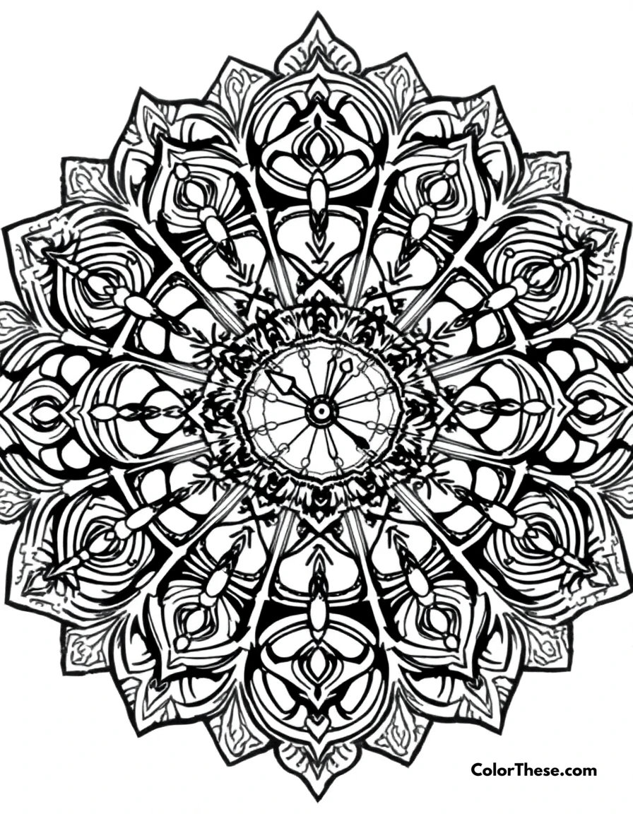Free printable clock mandala with time-inspired patterns coloring page for kids and adults. A mandala featuring clock and time-inspired patterns.