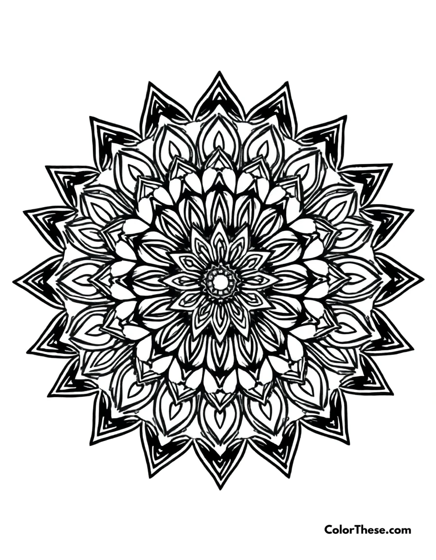Free printable diamond mandala with geometric patterns coloring page for kids and adults. A mandala featuring diamond-shaped geometric patterns.