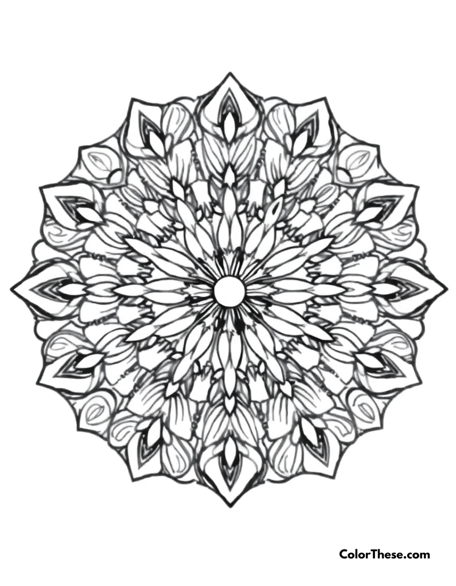 Free printable dove mandala with feather patterns coloring page for kids and adults. A mandala featuring dove-inspired feather patterns.