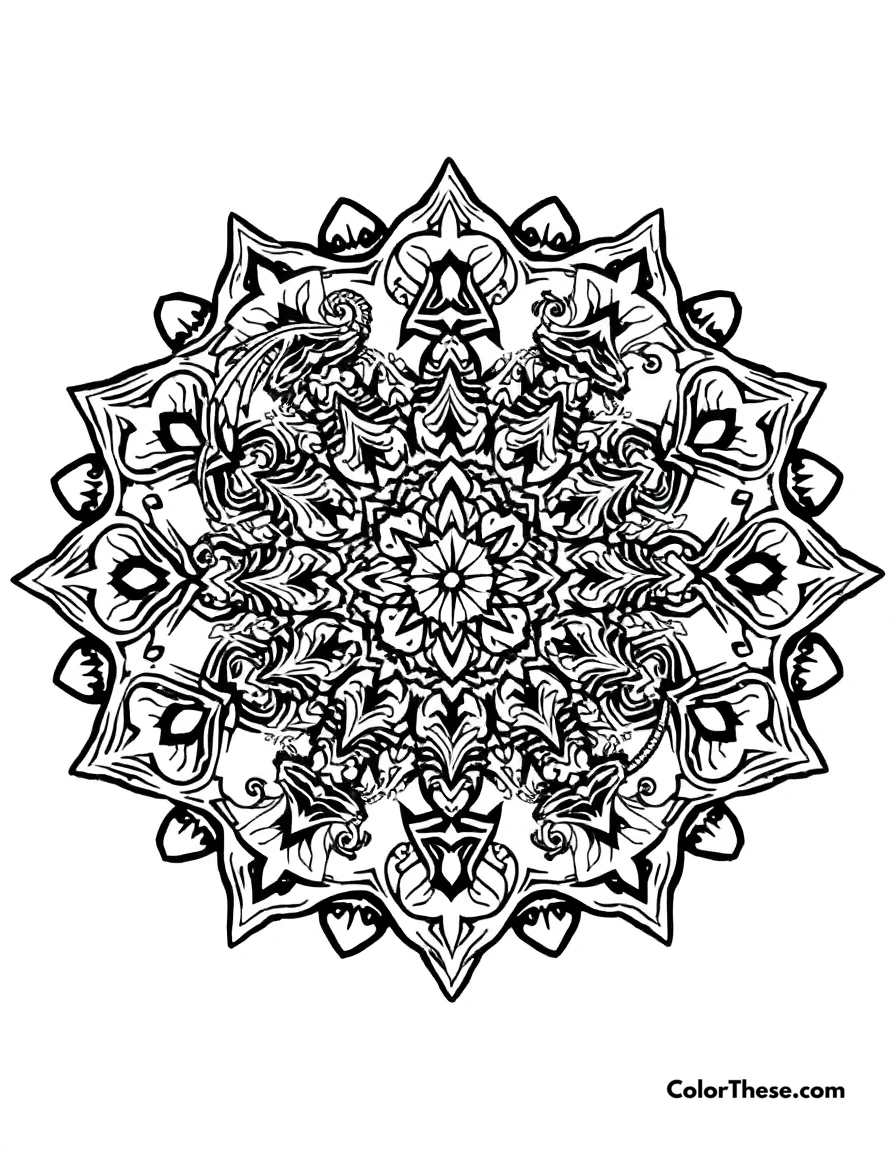 Free printable dragon mandala with mythical patterns coloring page for kids and adults. A mandala featuring dragon-inspired mythical patterns.
