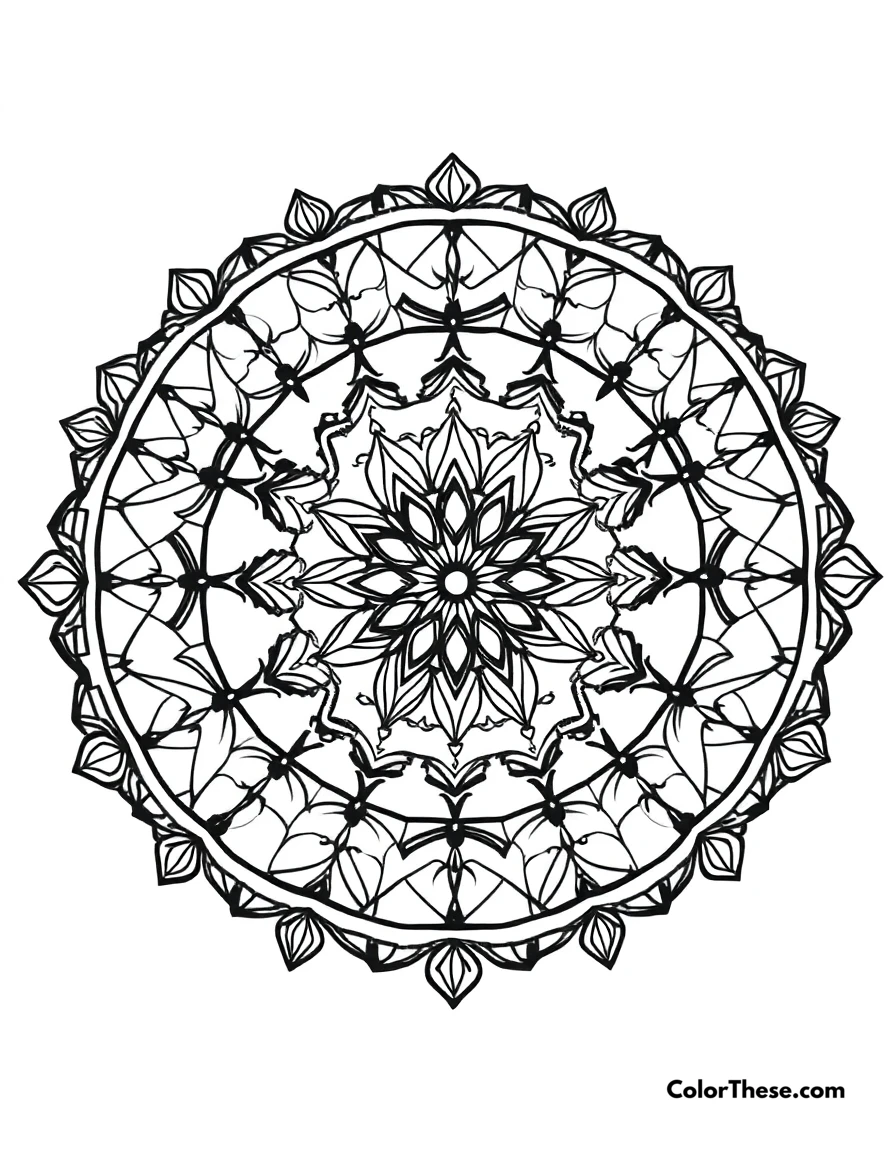 Free printable dreamcatcher mandala with web patterns coloring page for kids and adults. A mandala featuring dreamcatcher-inspired web patterns.