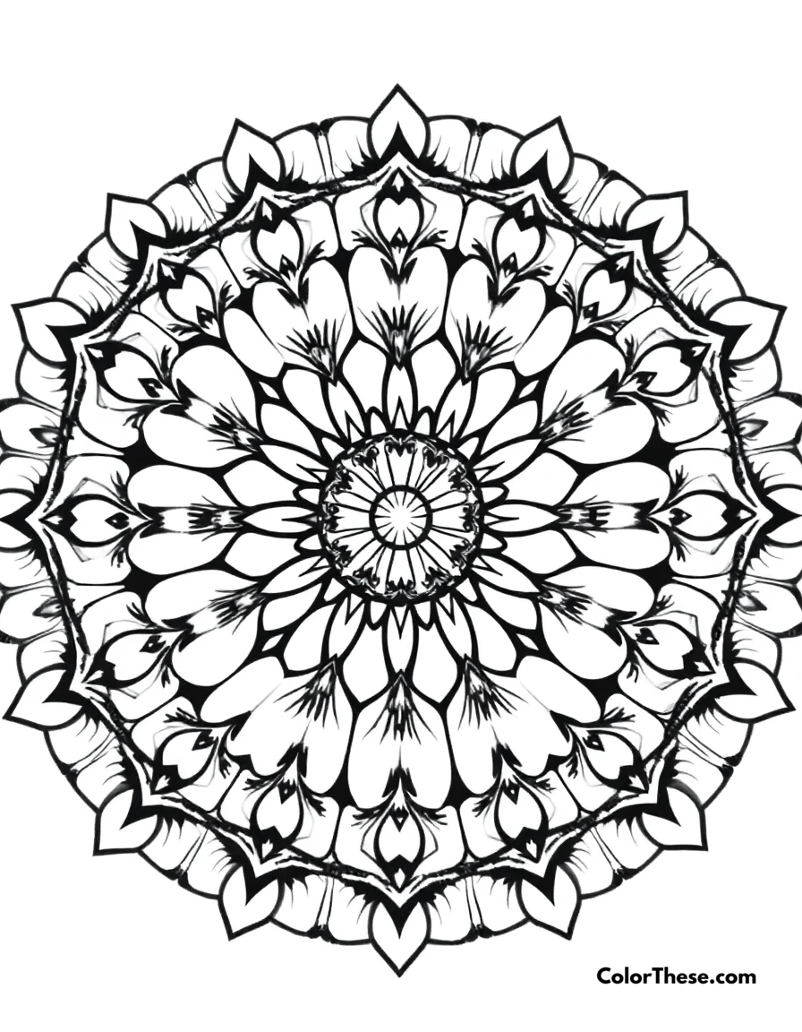 Free printable eagle mandala with feather patterns coloring page for kids and adults. A mandala featuring eagle-inspired feather patterns.