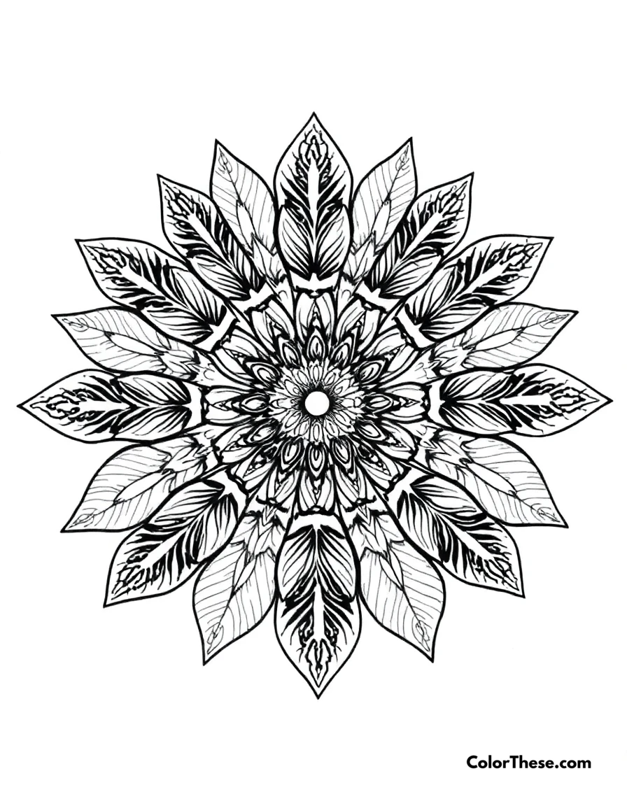 Free printable feather mandala with delicate details coloring page for kids and adults. A mandala featuring feather-shaped patterns with delicate details.