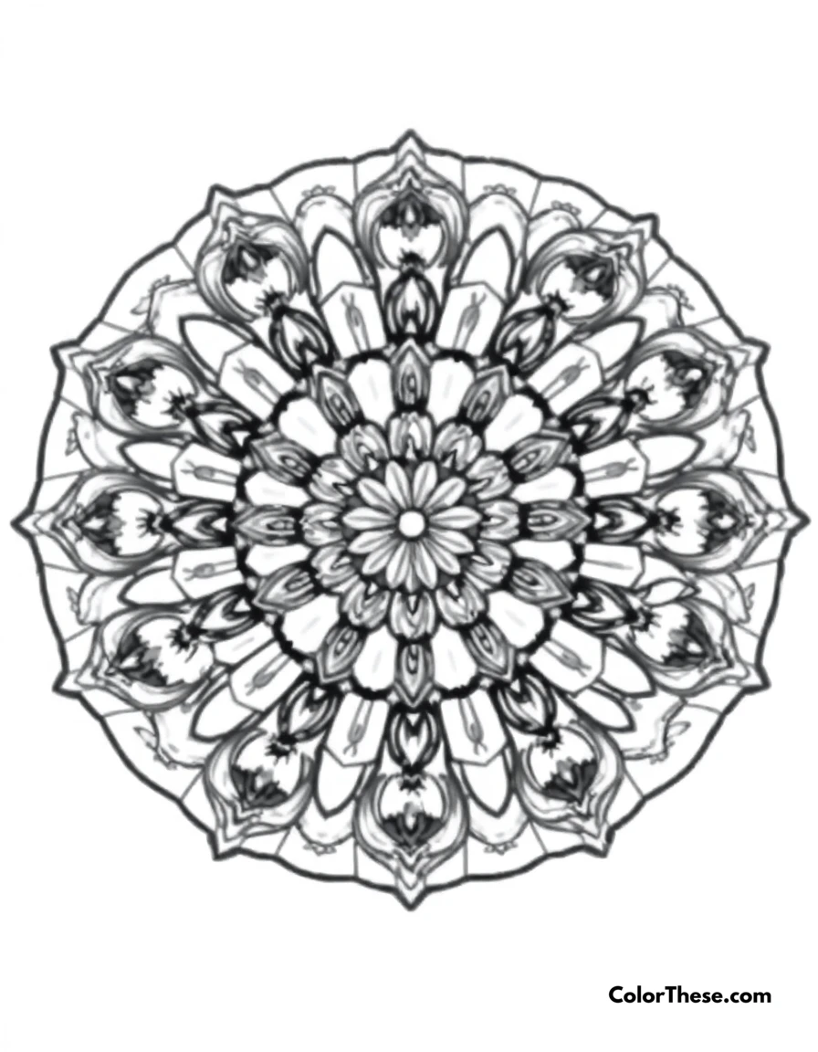 Free printable fish mandala with scale patterns coloring page for kids and adults. A mandala featuring fish-inspired scale patterns.