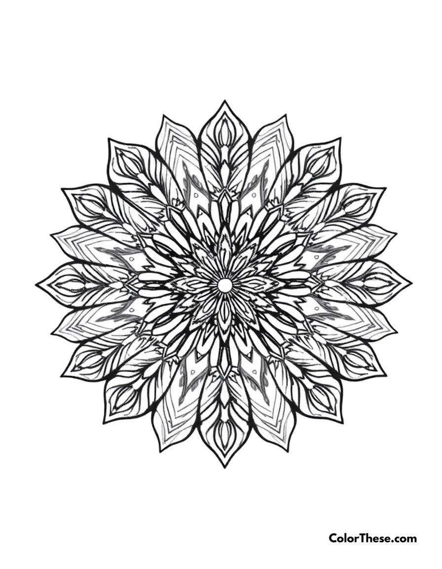 Free printable fox mandala with tail patterns coloring page for kids and adults. A mandala featuring fox-inspired tail patterns.
