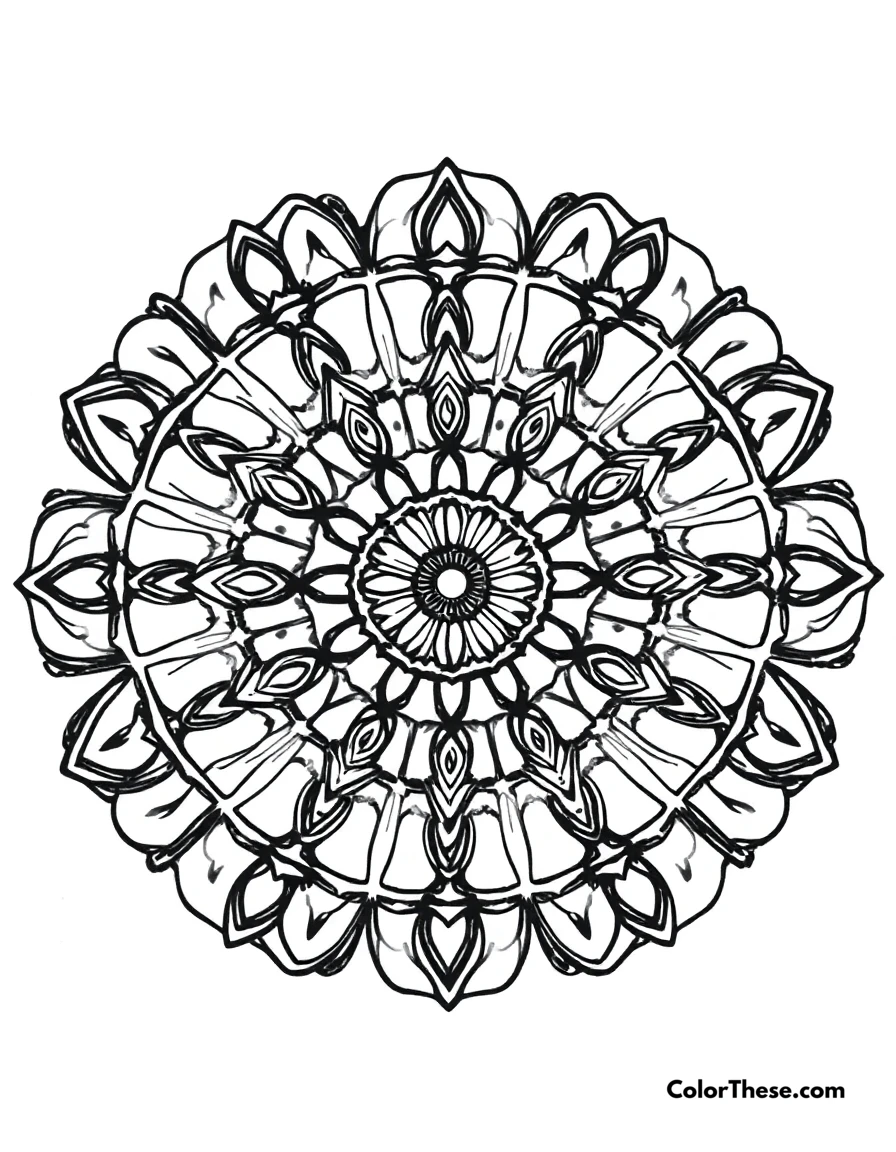 Free printable geometric mandala with circles coloring page for kids and adults. A mandala featuring geometric patterns with concentric circles.