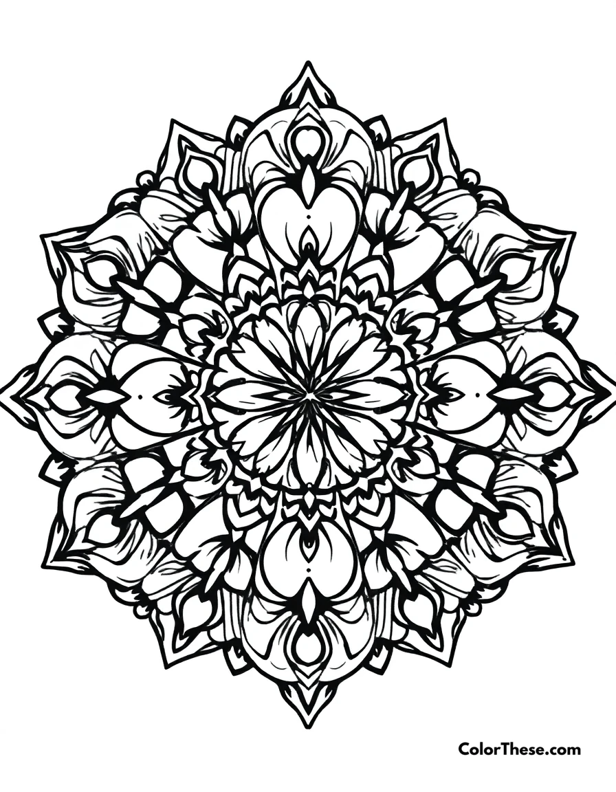 Free printable heart mandala with symmetrical patterns coloring page for kids and adults. A mandala featuring heart-shaped patterns with symmetrical details.