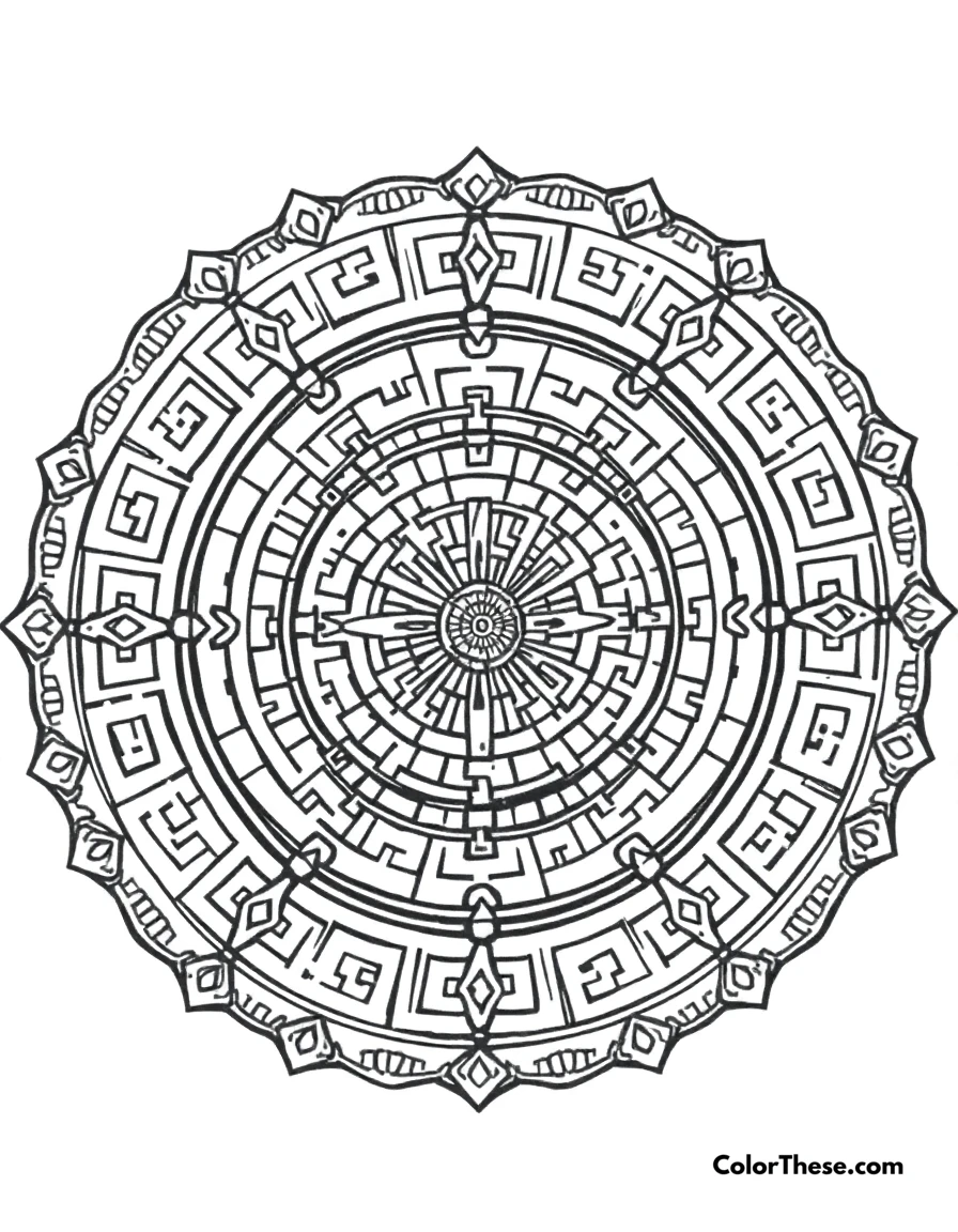Free printable labyrinth mandala with maze patterns coloring page for kids and adults. A mandala featuring labyrinth-inspired maze patterns.