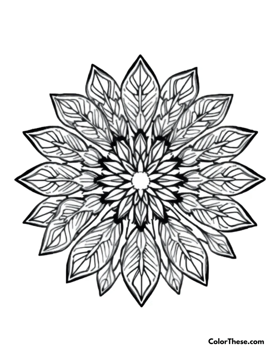 Free printable leaf mandala with nature-inspired patterns coloring page for kids and adults. A mandala featuring leaf-shaped patterns inspired by nature.