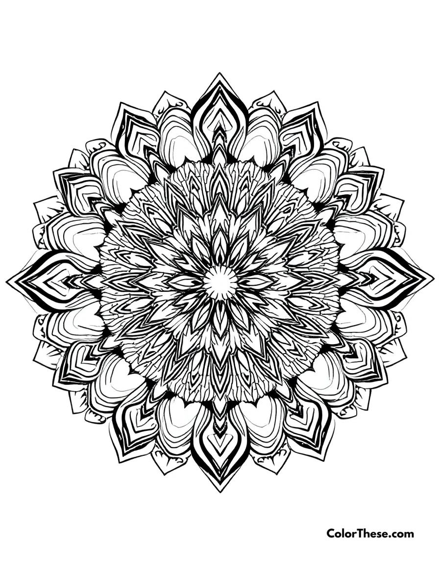Free printable lion mandala with mane patterns coloring page for kids and adults. A mandala featuring lion-inspired mane patterns.