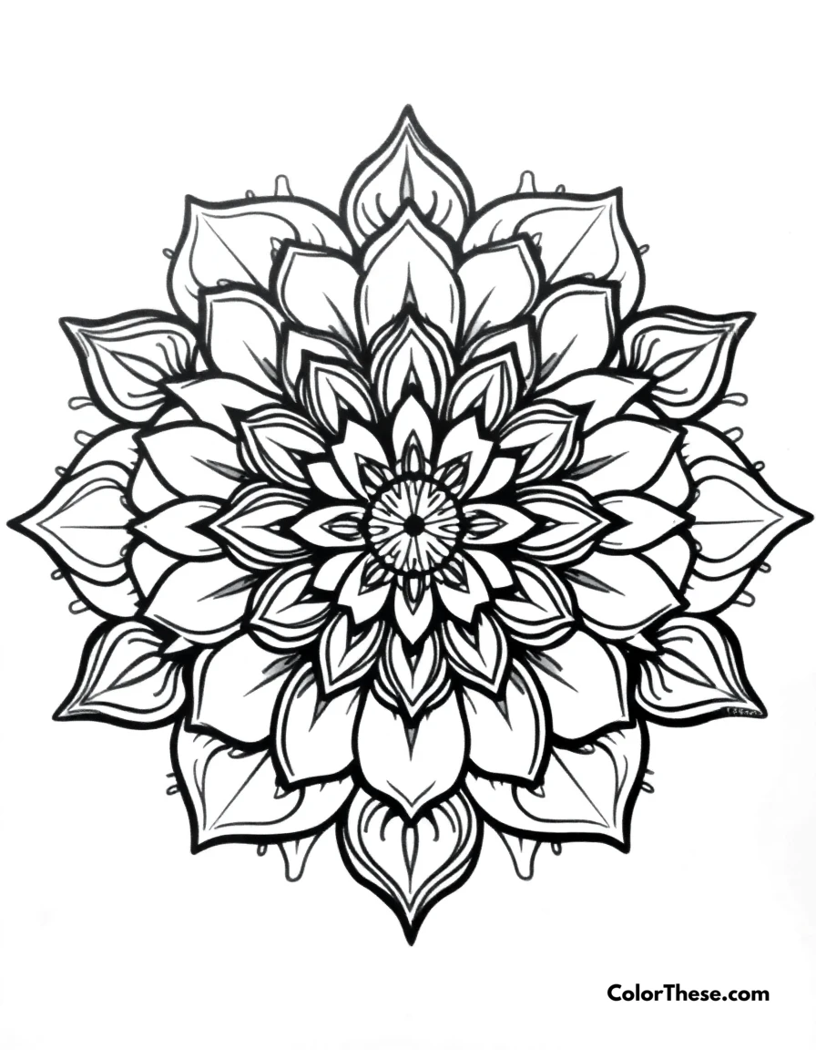 Free printable lotus mandala with intricate details coloring page for kids and adults. A mandala inspired by a lotus flower, featuring intricate details.