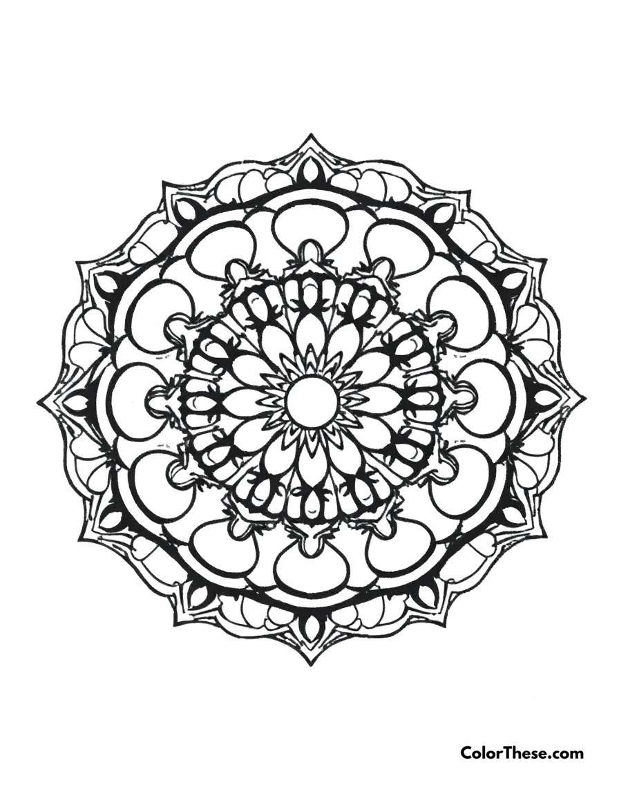 Free printable moon mandala with crescent patterns coloring page for kids and adults. A mandala featuring crescent moon-inspired patterns.