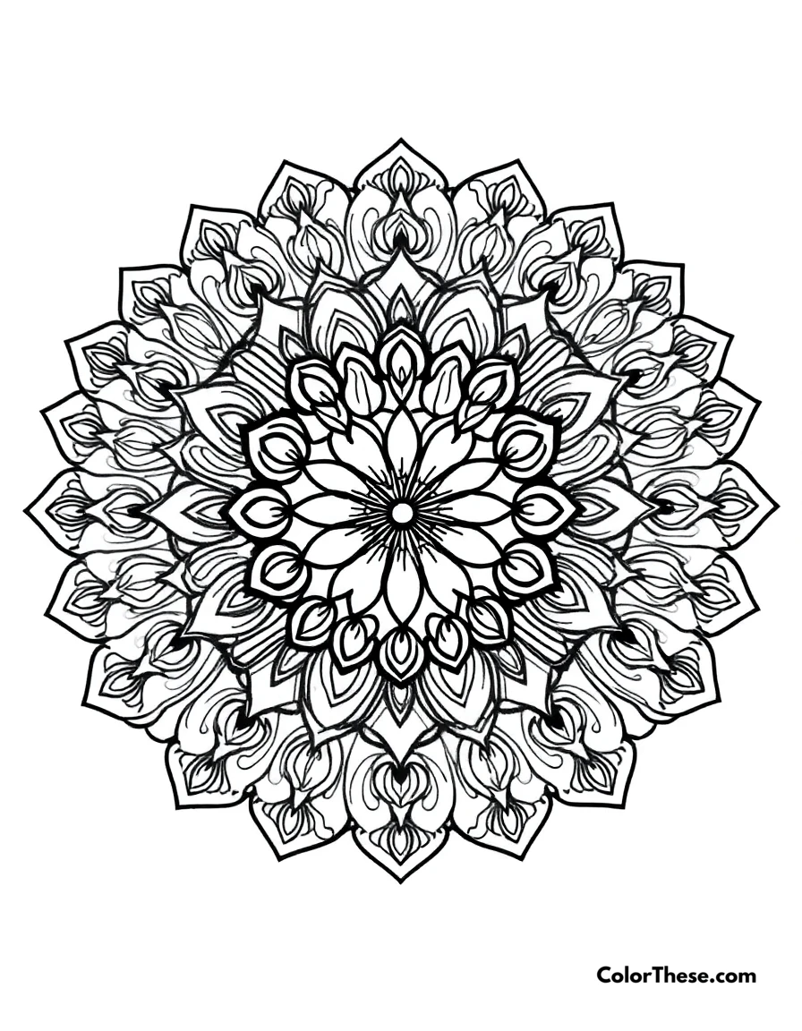Free printable ocean mandala with wave patterns coloring page for kids and adults. A mandala featuring wave-inspired patterns.