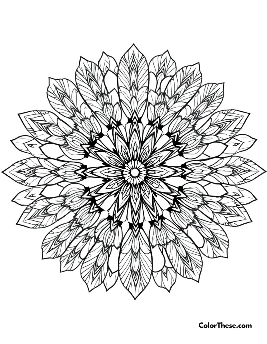Free printable owl mandala with feather patterns coloring page for kids and adults. A mandala featuring owl-inspired feather patterns.