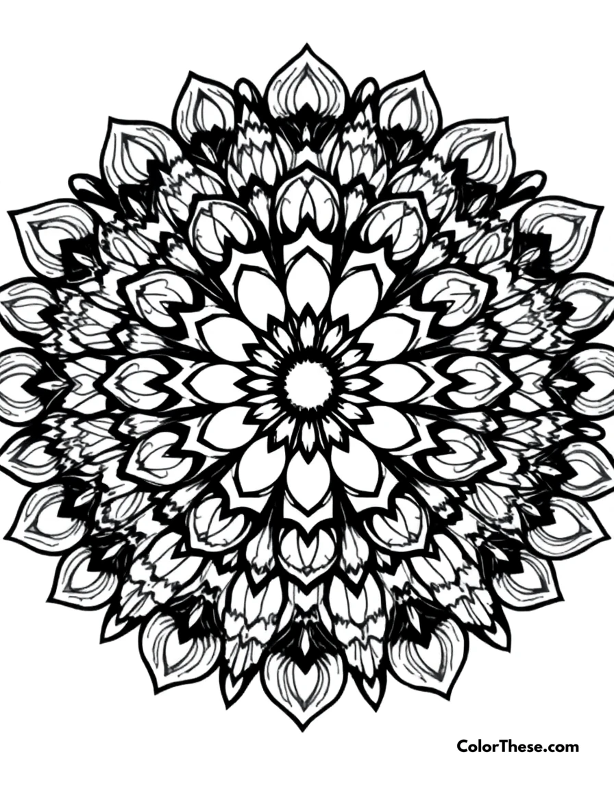 Free printable owl mandala with feather patterns coloring page for kids and adults. A mandala featuring owl-inspired feather patterns.