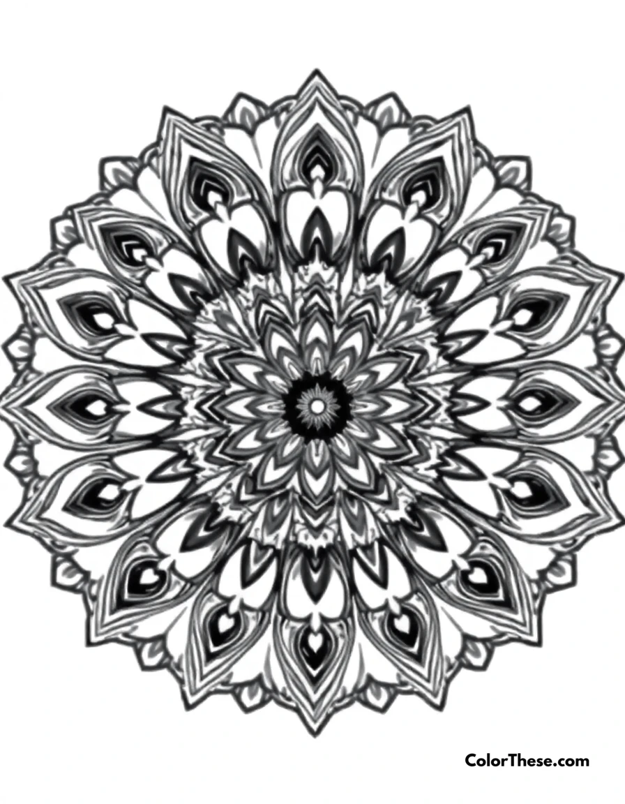 Free printable peacock mandala with feather patterns coloring page for kids and adults. A mandala featuring peacock-inspired feather patterns.
