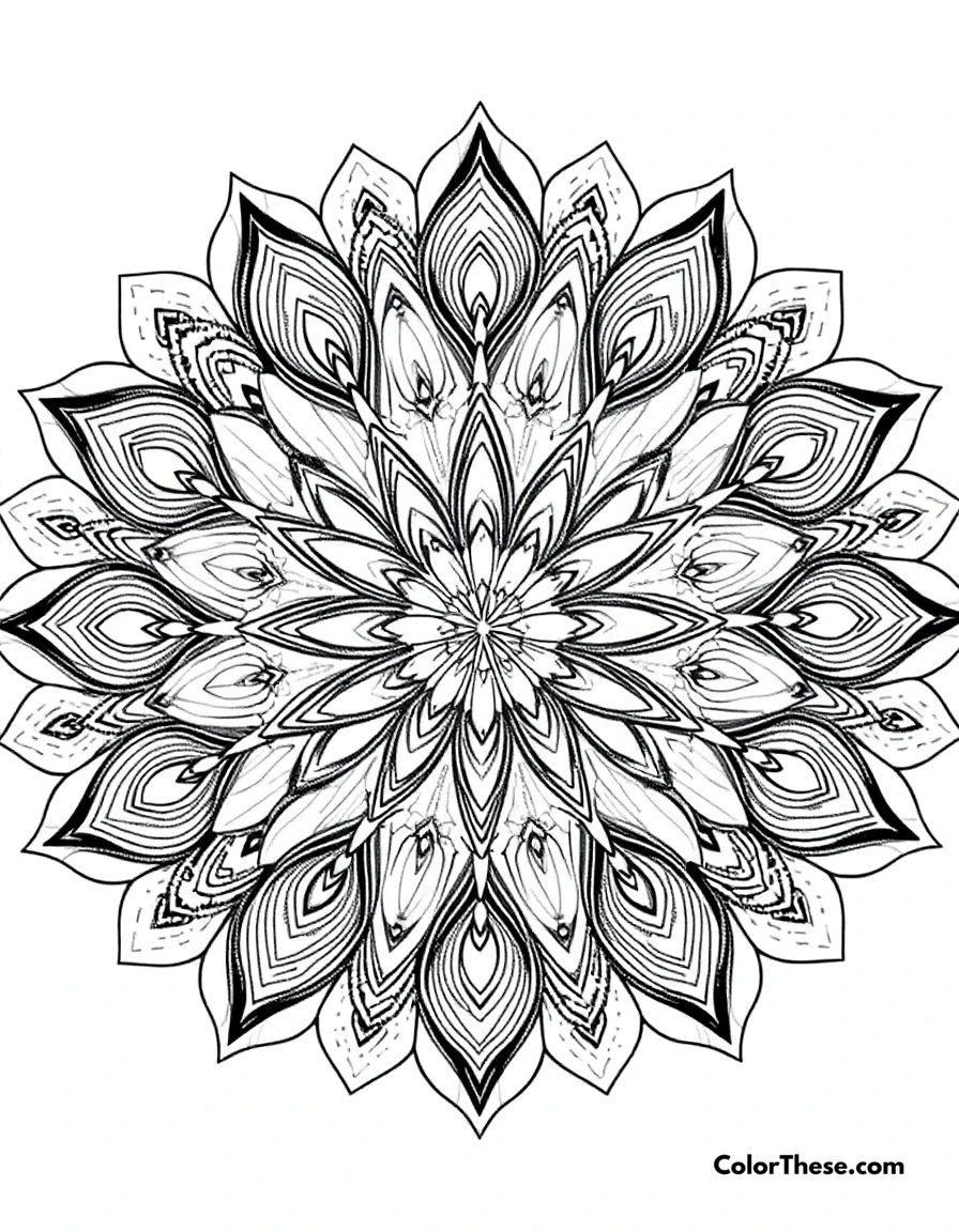 Free printable peacock mandala with feather patterns coloring page for kids and adults. A mandala featuring peacock feather-inspired patterns.