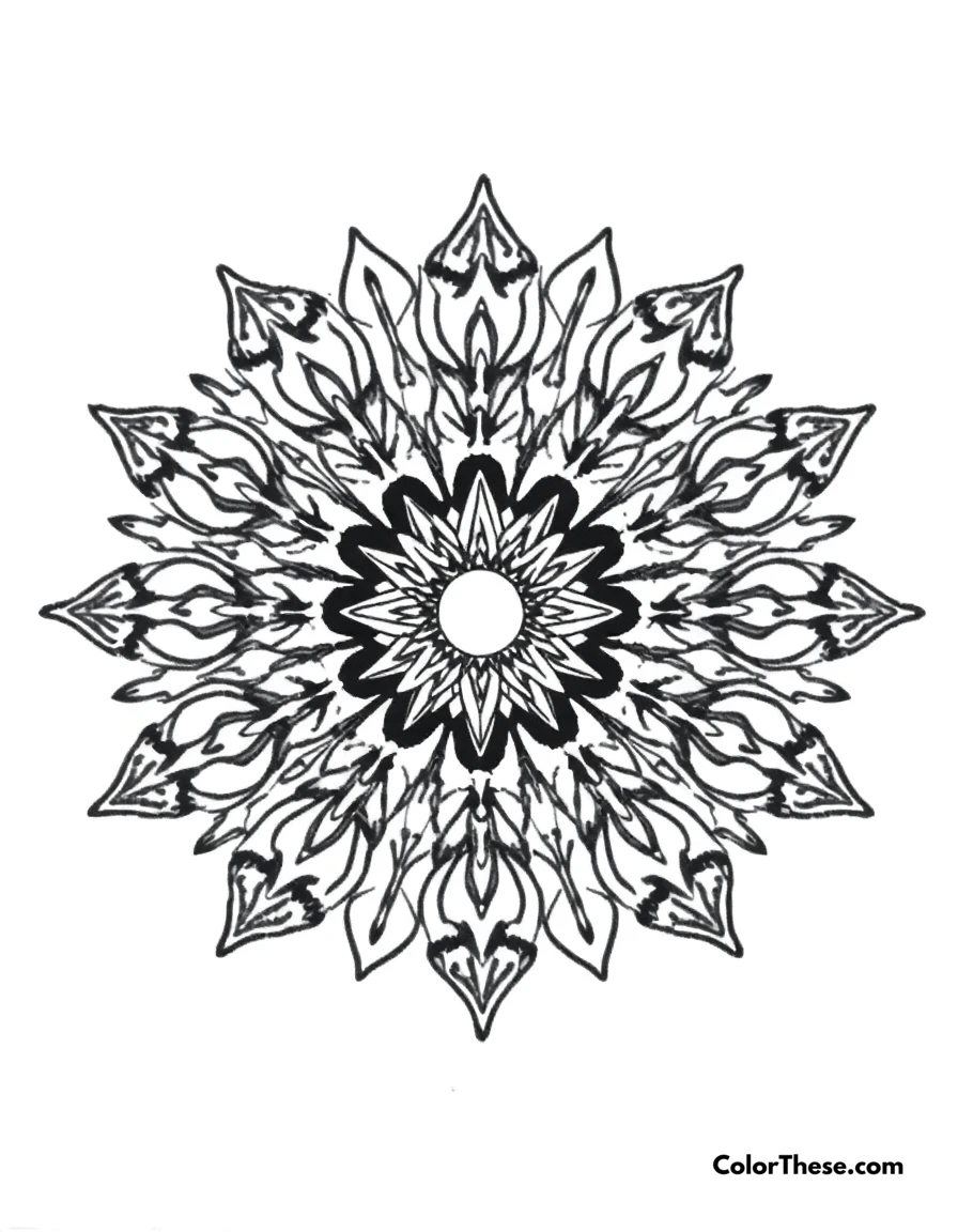 Free printable phoenix mandala with fire patterns coloring page for kids and adults. A mandala featuring phoenix-inspired fire patterns.