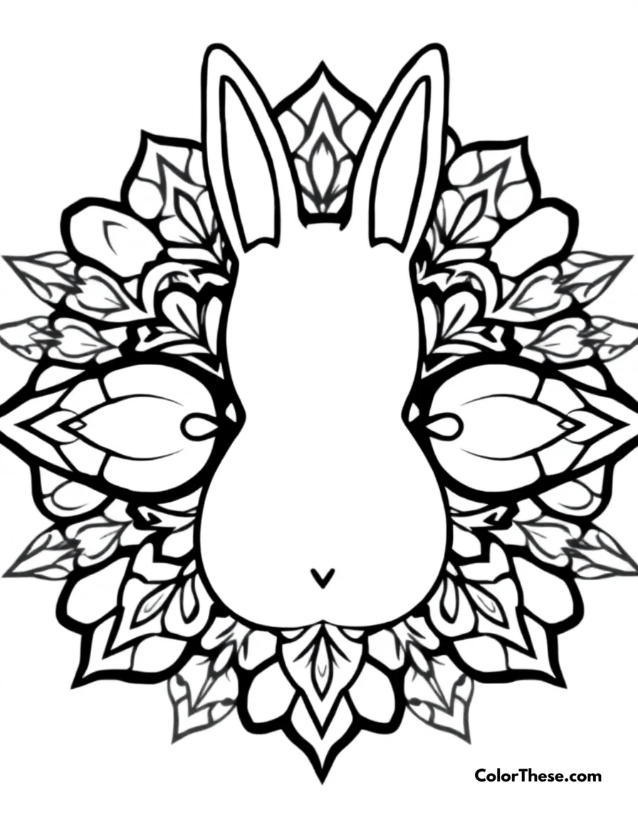 Free printable rabbit mandala with ear patterns coloring page for kids and adults. A mandala featuring rabbit-inspired ear patterns.