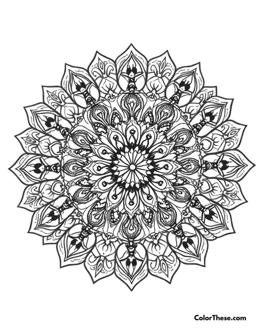 Free printable snake mandala with coiled patterns coloring page for kids and adults. A mandala featuring snake-inspired coiled patterns.
