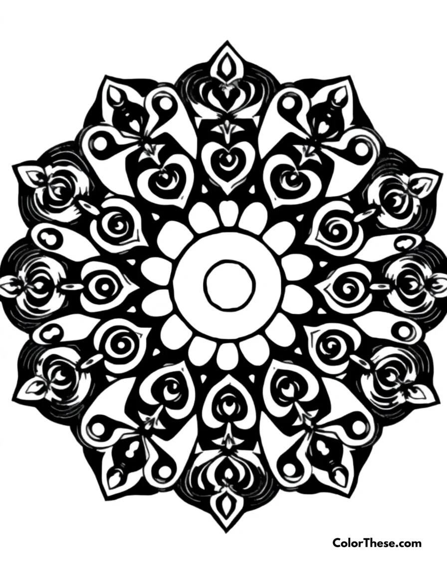 Free printable spiral mandala with swirling patterns coloring page for kids and adults. A mandala featuring swirling spiral patterns.
