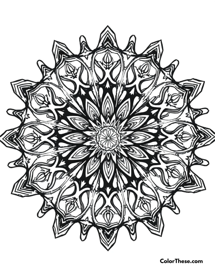 Free printable star mandala with intricate patterns coloring page for kids and adults. A mandala featuring star-shaped patterns with intricate details.