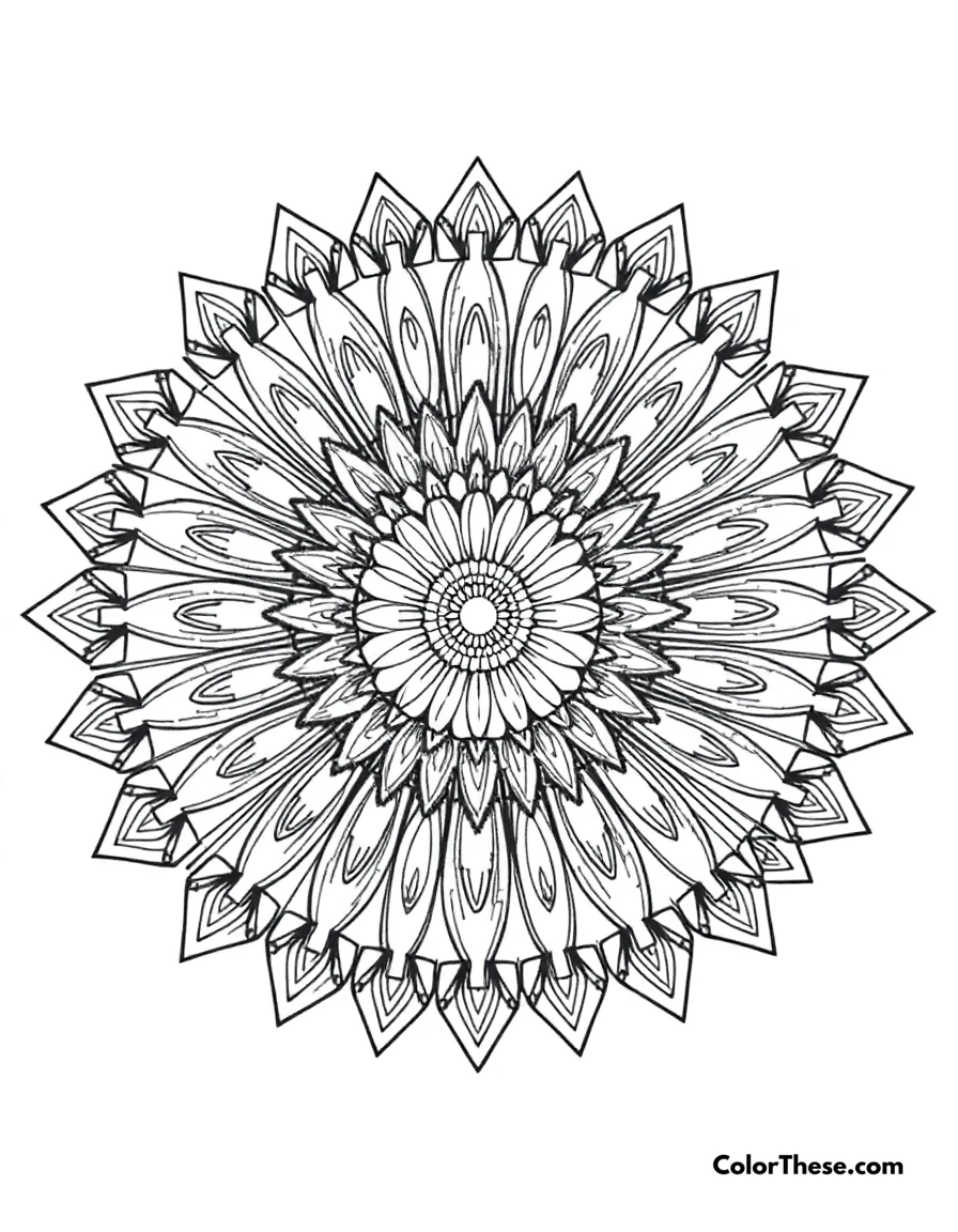 Free printable sunburst mandala with rays coloring page for kids and adults. A mandala featuring a sunburst design with radiating rays.