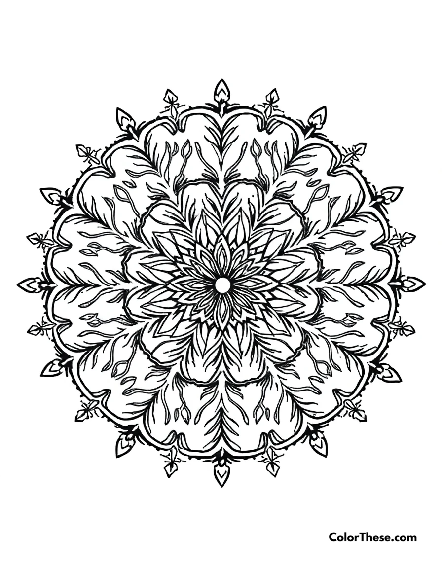 Free printable tree of life mandala with branch patterns coloring page for kids and adults. A mandala featuring tree branch-inspired patterns.