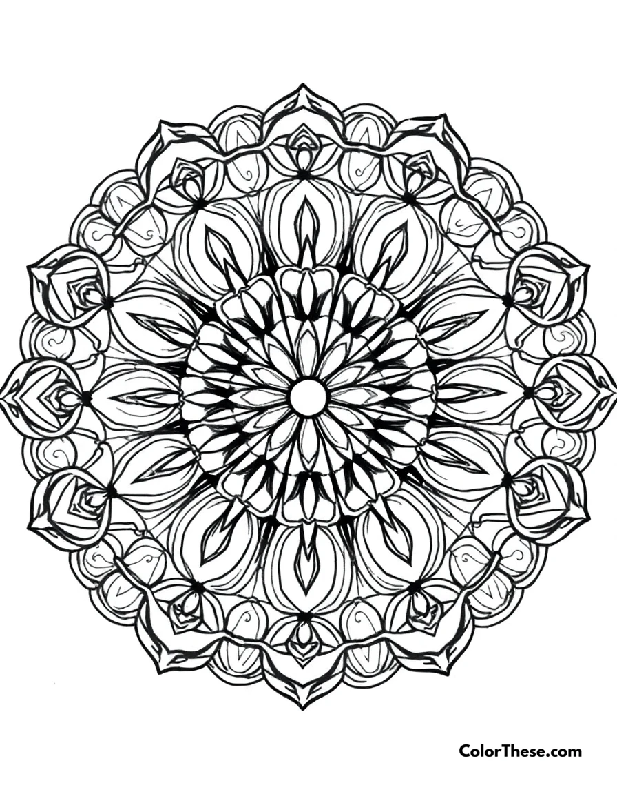 Free printable turtle mandala with shell patterns coloring page for kids and adults. A mandala featuring turtle-inspired shell patterns.