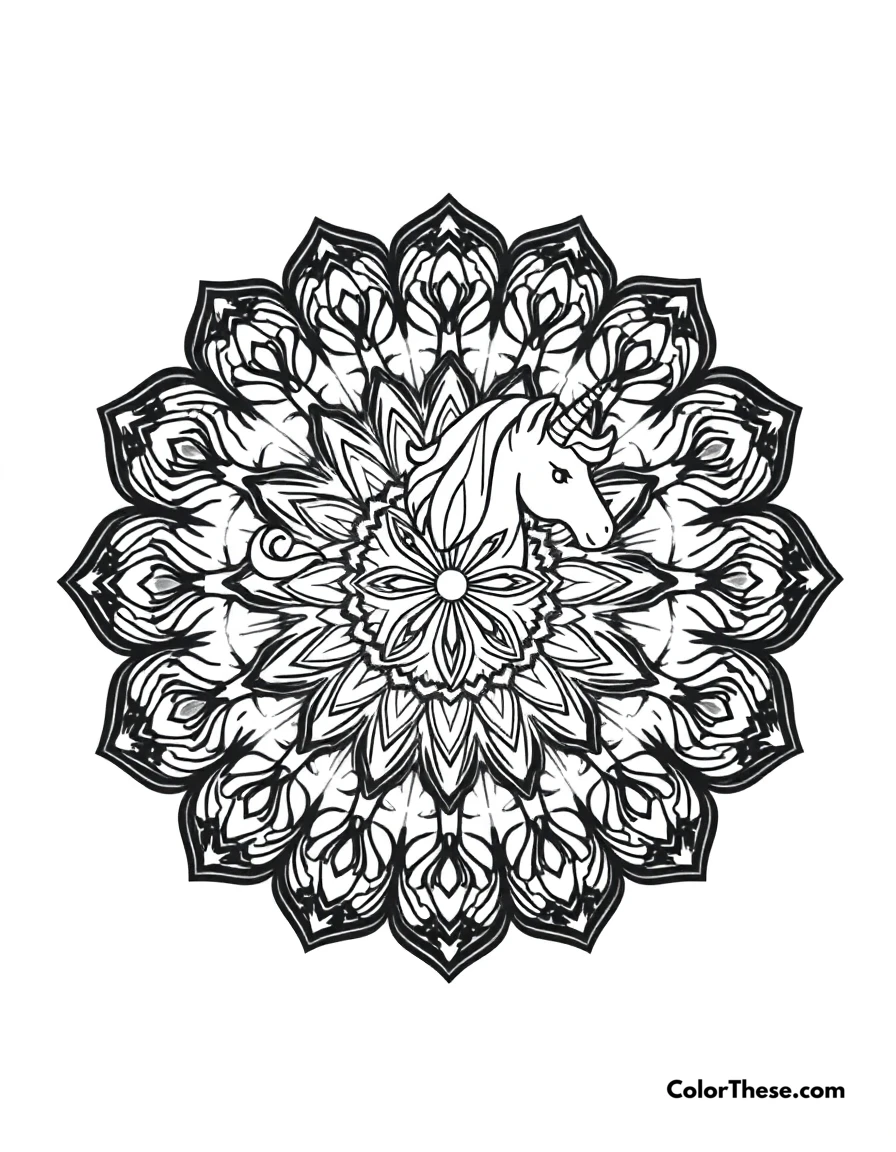Free printable unicorn mandala with magical patterns coloring page for kids and adults. A mandala featuring unicorn-inspired magical patterns.