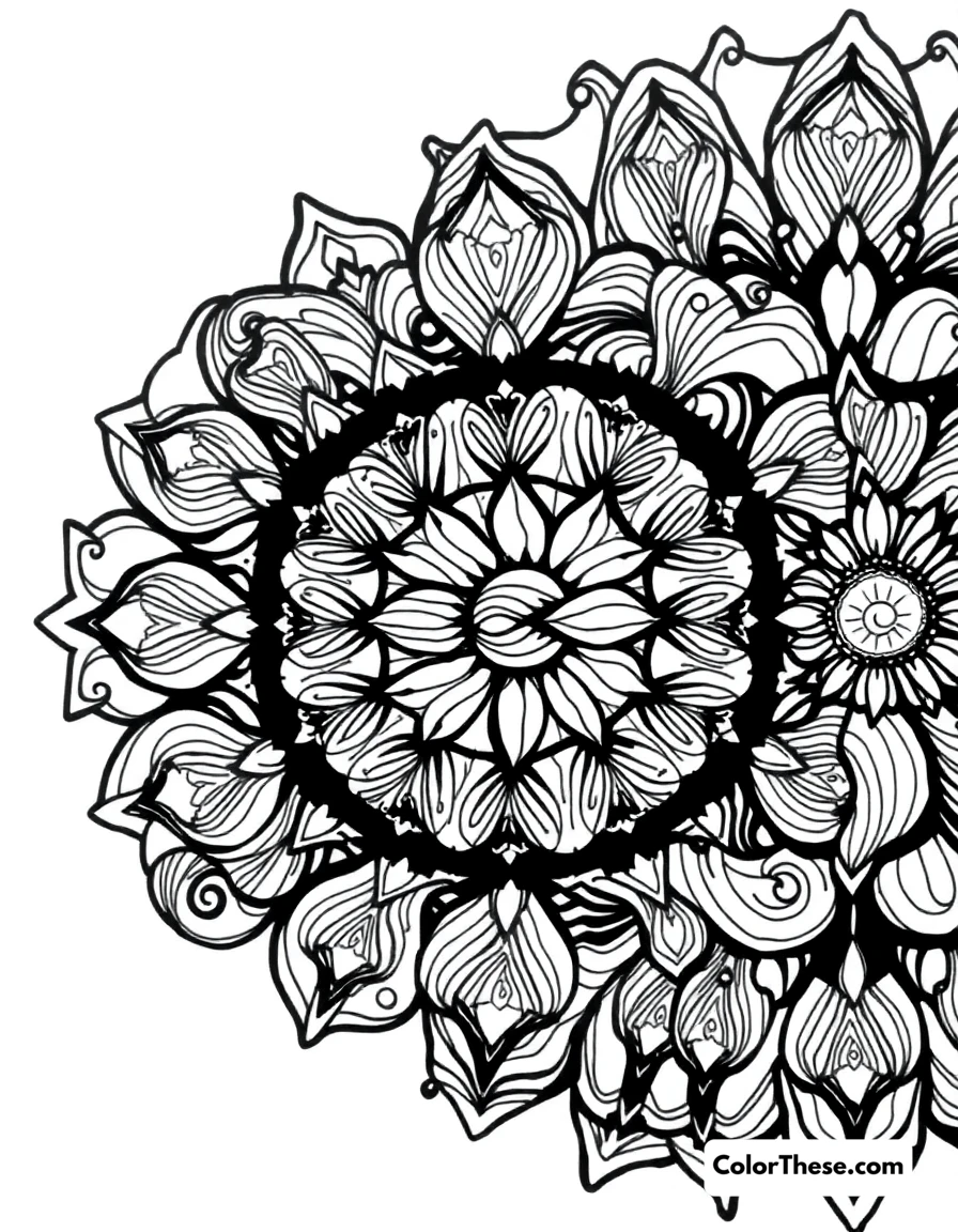 Free printable wave mandala with flowing patterns coloring page for kids and adults. A mandala featuring flowing wave-like patterns.