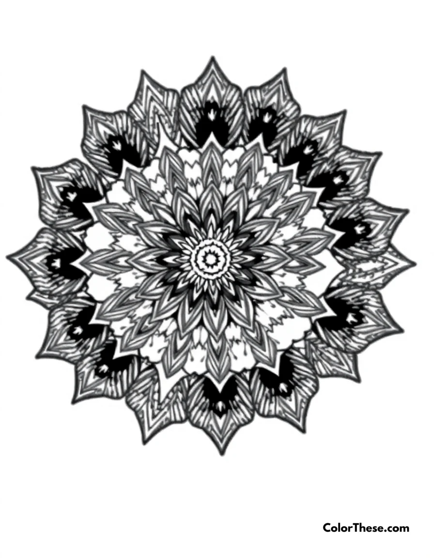 Free printable wolf mandala with fur patterns coloring page for kids and adults. A mandala featuring wolf-inspired fur patterns.