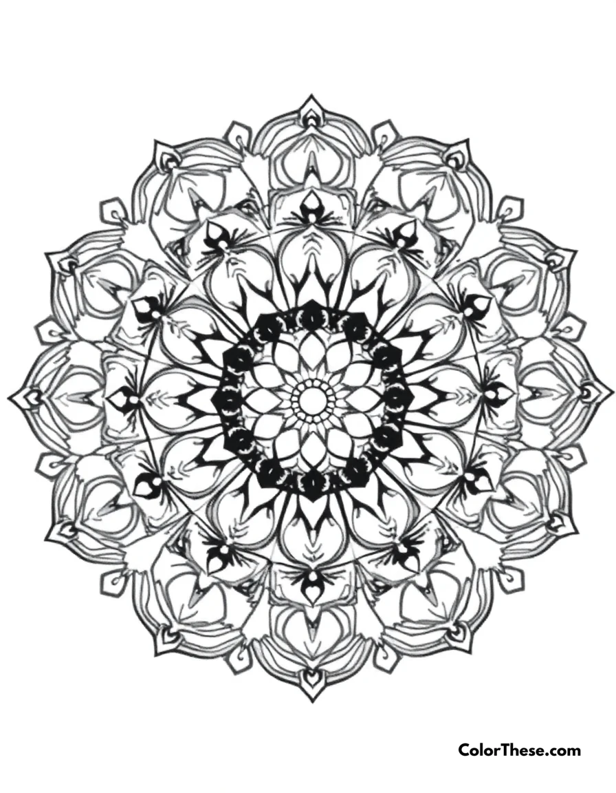 Free printable zen mandala with minimalist patterns coloring page for kids and adults. A mandala featuring minimalist and zen-inspired patterns.