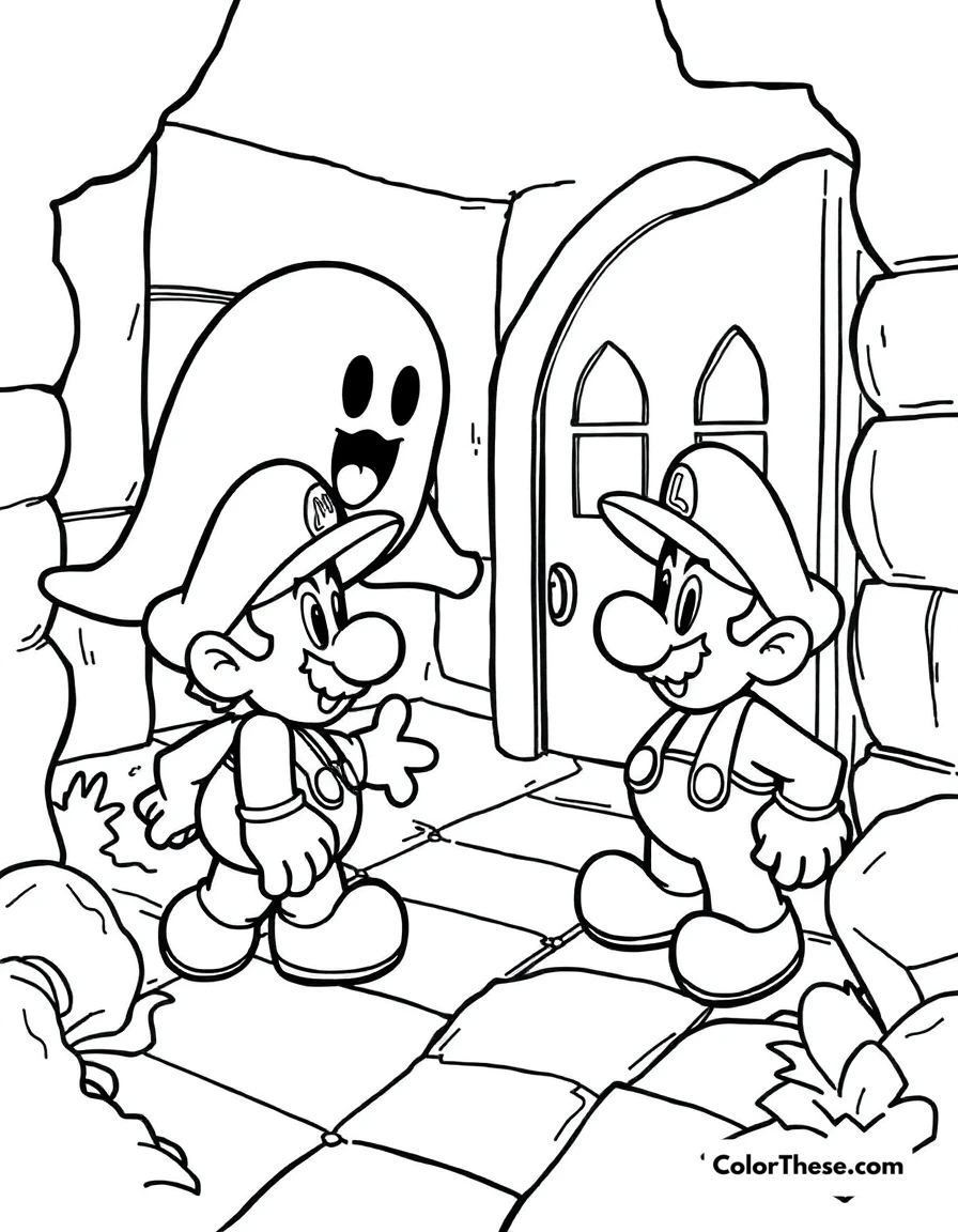 Free printable mario and luigi with a boo coloring page for kids and adults. Mario and Luigi (Mario) encountering a Boo in a haunted house.