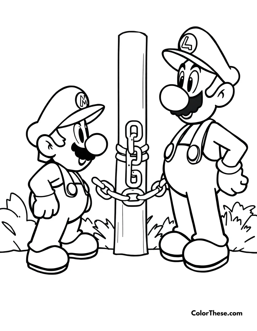 Free printable mario and luigi with a chain chomp coloring page for kids and adults. Mario and Luigi (Mario) facing a Chain Chomp tied to a post.