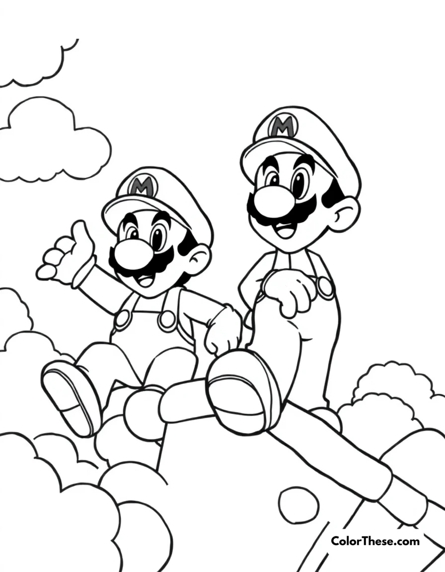 Free printable mario and luigi in a cloud world coloring page for kids and adults. Mario and Luigi (Mario) exploring a world of clouds and platforms.