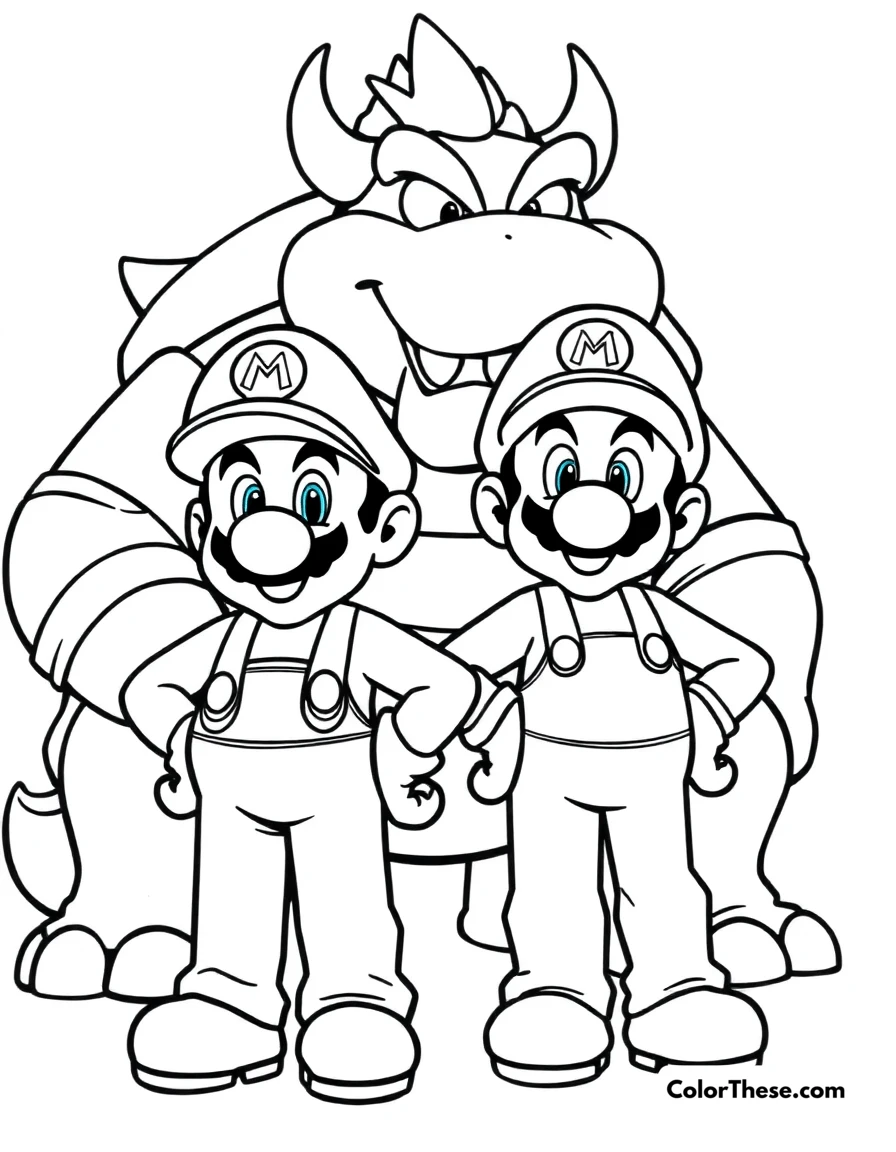 Free printable mario and luigi facing bowser coloring page for kids and adults. Mario and Luigi (Mario) standing bravely in front of Bowser.