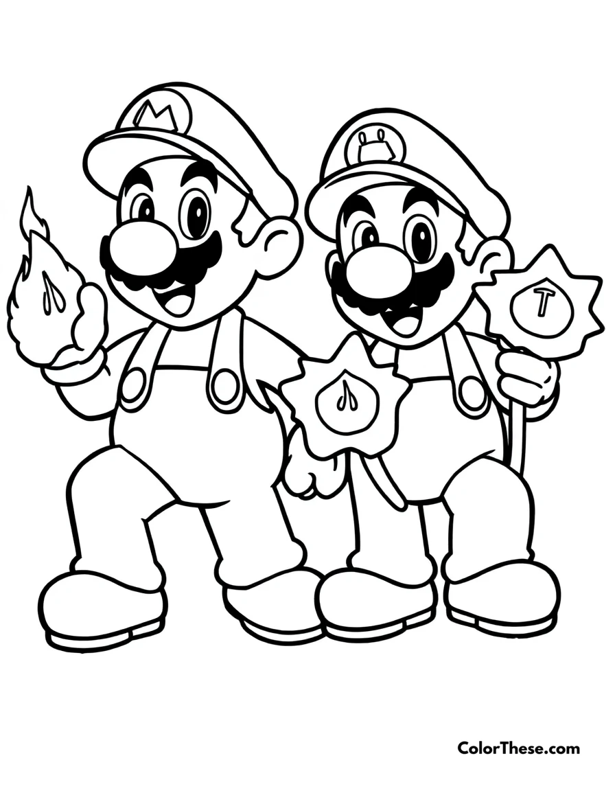 Free printable mario and luigi with fire flowers coloring page for kids and adults. Mario and Luigi (Mario) holding Fire Flowers, ready for action.