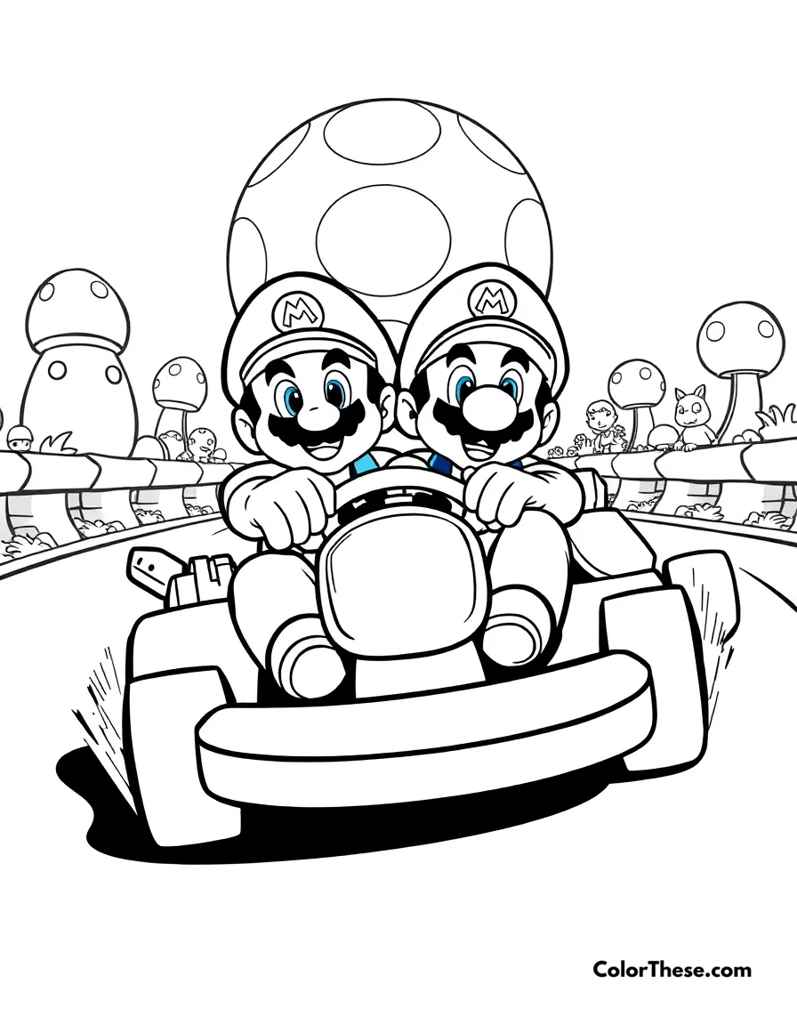 Free printable mario and luigi in a kart race coloring page for kids and adults. Mario and Luigi (Mario) racing in karts on a Mushroom Kingdom track.